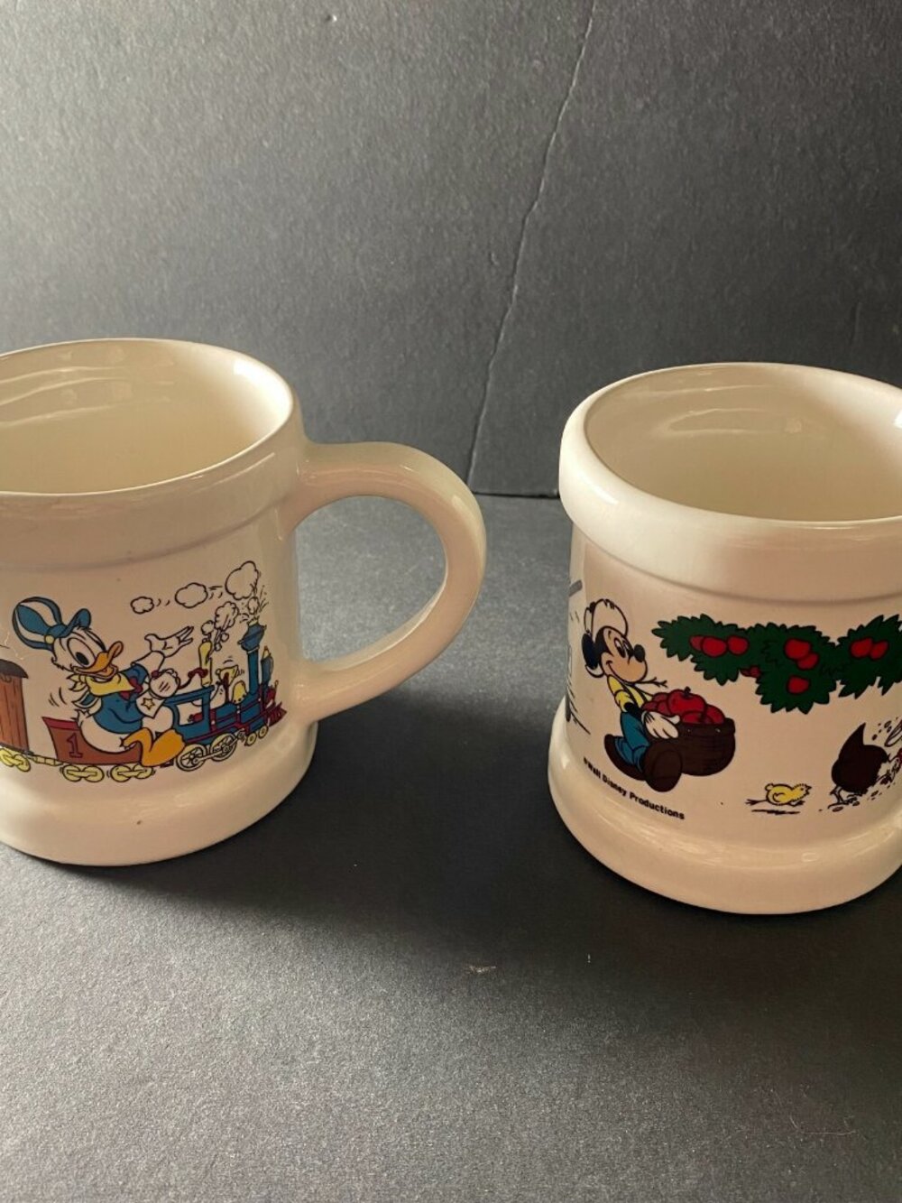 LOT OF 2: Vintage Mickey Mouse Mug Cup - Barn Farm Donald duck train made in USA